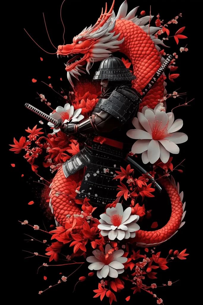 A midjourney prompt of a 3D samurai and dragon design.